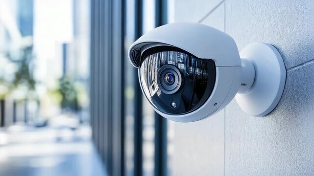 Exterior wall surveillance dome security camera monitoring urban street with reflective dome lens