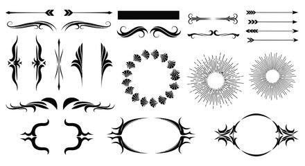 Various black and white decorative design elements on white background editable vector file