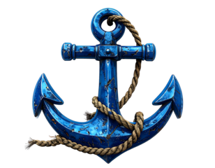 Metallic Blue Anchor with Rope on White Background
