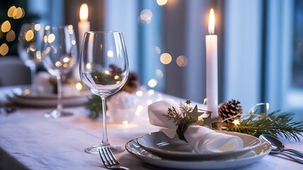 Festive Christmas table setting with wine glasses and candlelight atmosphere