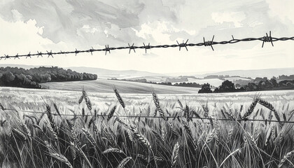 Barbed wire fence in a golden field landscape