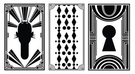 Three art deco style cards with different black and white designs editable vector file