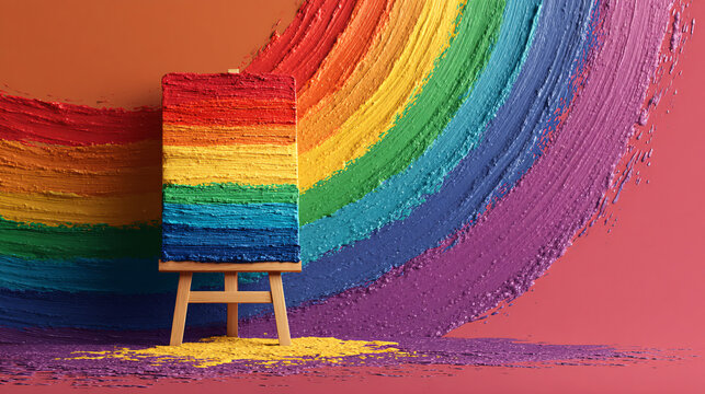 A poster celebrating Pride month - with a curved rainbow. 