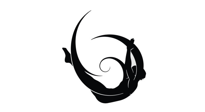 Graceful silhouette of a person in a dynamic aerial yoga pose, embodying strength and flexibility.