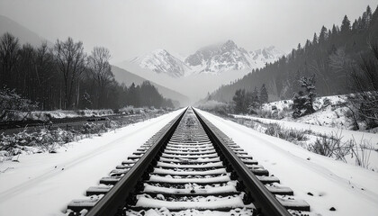 Snow-covered railway tracks in a winter landscape