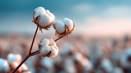 Close-up of fluffy cotton flowers on a branch against a blurred background.