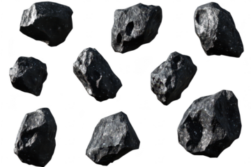 A collection of various textured black rocks scattered against a white background. their unique shapes and surfaces. ideal for use in geological studies or natural resource illustrations