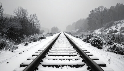 Snow-covered railway tracks in a winter landscape