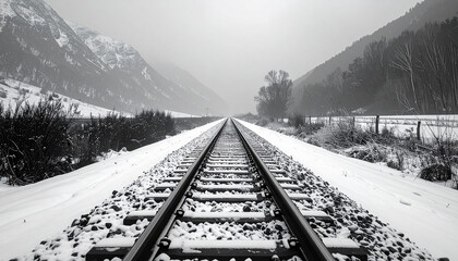 Snow-covered railway tracks in a winter landscape