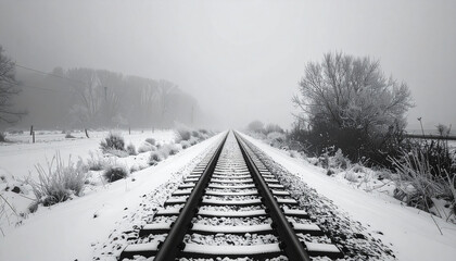 Snow-covered railway tracks in a winter landscape