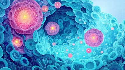 Abstract cellular structure with glowing centers and intricate details.