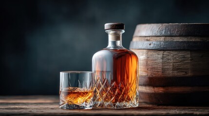 Whiskey Still Life with Glass, Bottle, and Barrel