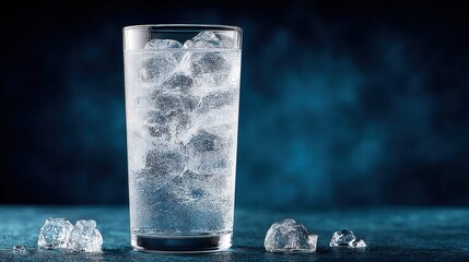 A glass of ice water looks cool and refreshing on a blue background.