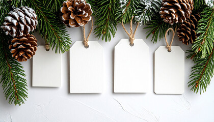 Blank gift tags surrounded by pine cones and greenery