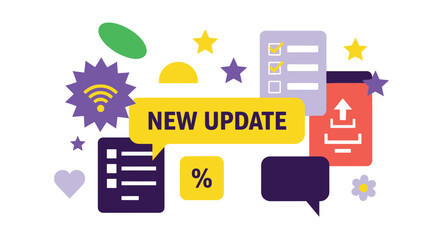 Colorful graphic with new update text and various icons around editable vector file