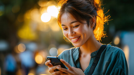 Close up of young asian woman using smartphone for online shopping and internet banking via mobile app, smiling woman typing on mobile phone, surfing the net and social media netwo