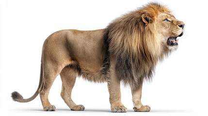 Majestic male lion stands proudly, roaring with its mouth open.