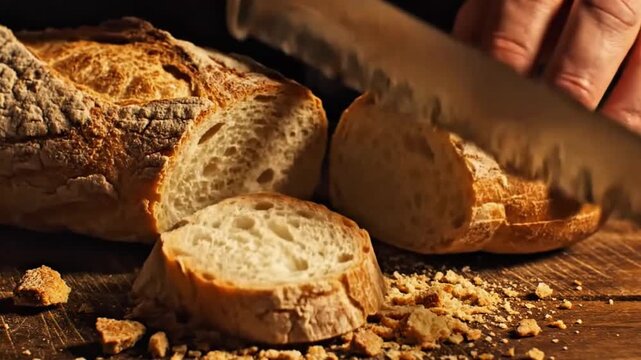 4K overhead macro shot of baguette slicing, crumbs scattering in slow motion, cinematic warm tone