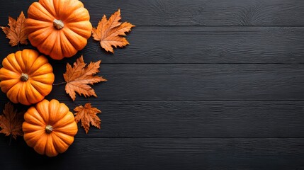 Autumn pumpkins and leaves on a black wooden background.