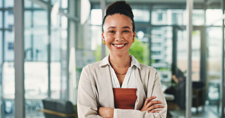 Crossed arms, smile and portrait of businesswoman in office with confidence for creative career. Happy, professional and female magazine editor with pride for job development in workplace in Colombia
