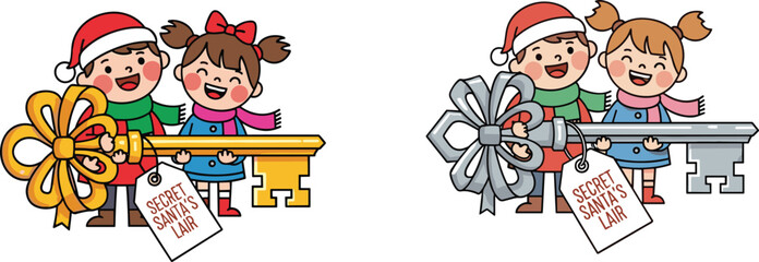 Cute kids holding giant golden and silver keys with Secret Santa’s Lair tags, joyful Christmas vector illustration for holiday celebration.