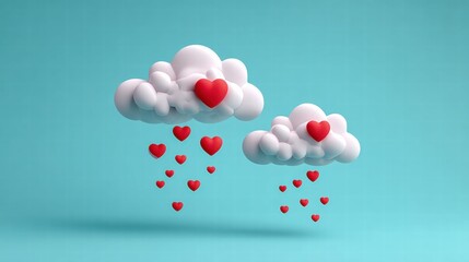 Clouds raining hearts on a teal background