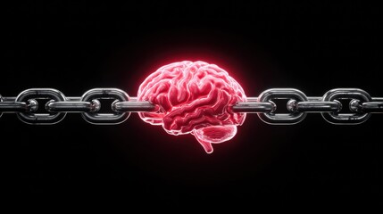 Brain trapped in a chain, an artistic depiction of mental constraint and limitation on black