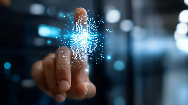 Cyber security system and data protection concept, man using fingerprint scanning to access data with data center in background, biometric identity recognition, data encryption, ne