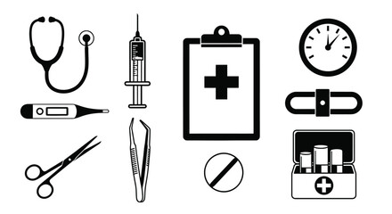 Black and white medical icons including stethoscope and syringe editable vector file