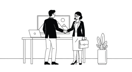 Business handshake in office with laptop and mountain background editable vector file