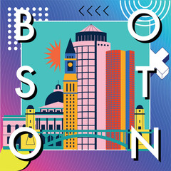 Typography word Boston branding technology concept. Collection of flat vector web icons. American culture travel set, Memphis architectures, specialties detailed silhouette. Doodle famous landmarks.