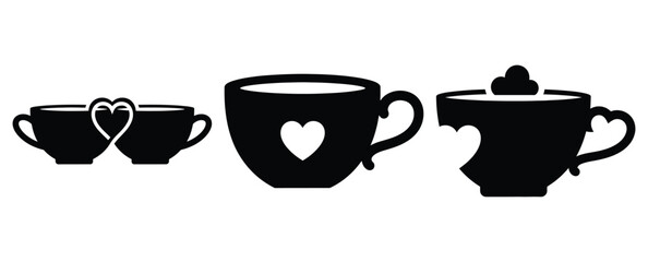 romantic tea cup silhouette Valentine icon set,Black color simple Vector icons