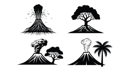 Illustrations of volcanoes and trees in black and white style editable vector file