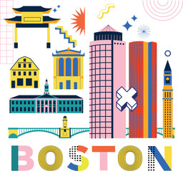 Typography word Boston branding technology concept. Collection of flat vector web icons. American culture travel set, Memphis architectures, specialties detailed silhouette. Doodle famous landmarks.