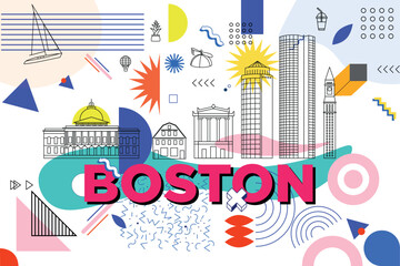 Typography word Boston branding technology concept. Collection of flat vector web icons. American culture travel set, Memphis architectures, specialties detailed silhouette. Doodle famous landmarks.