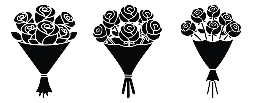 bouquet of roses silhouette Valentine icon set,Black color simple Vector icons