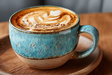 Close-up of coffee cup with creamy swirl on wooden table in cozy cafe setting