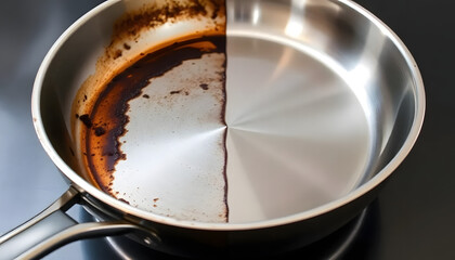 Comparison of a clean and dirty stainless steel frying pan