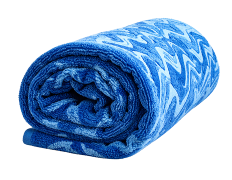 Neatly Rolled Blue Beach Towel with Wave Patterns