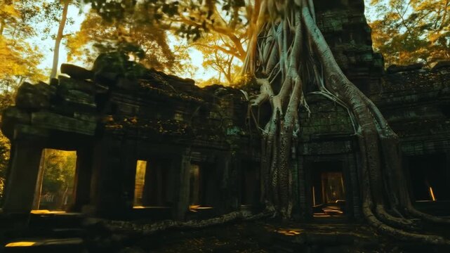 Atmospheric ancient temple ruins with huge tree roots intertwined with stone architecture in a sunlit, historical jungle.