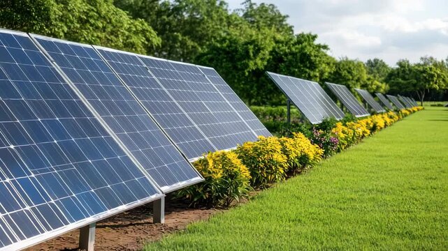 Solar panel array green field with flowering border and trees photovoltaic panel renewable energy