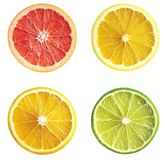 Obraz premium A display of citrus fruit slices including grapefruit. orange. lemon. and lime arranged artistically on a clean white background. ideal for food photography and healthy lifestyle imagery