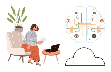 Woman sitting on chair holding paper, laptop on a table, cloud with brain-shaped circuits. Ideal for AI, remote work, innovation, education, cloud computing data science creative thinking. Simple