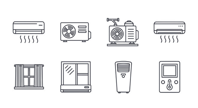 Line art icons depicting various air conditioning systems, including split units, window ACs, remote controls, and thermostats for climate control.