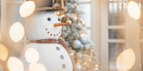 Close-up of  snowman with Christmas tree, elegant white and gold background with bokeh and copy space