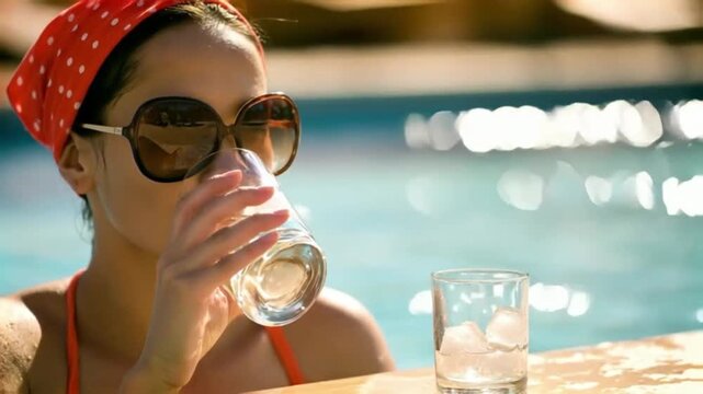 Refreshing poolside video featuring a woman enjoying a cool drink on a sunny day