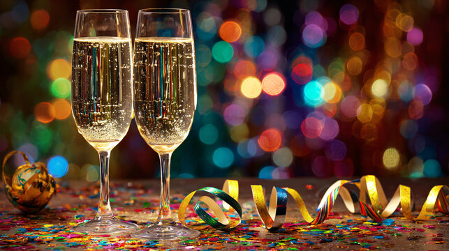 Celebrate the New Year with champagne flutes and confetti, festive party atmosphere