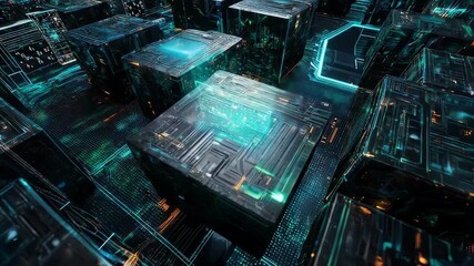 Futuristic cityscape composed of glowing cubes and data streams, digital art - Powered by Adobe