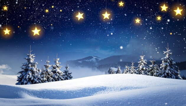 Scenic winter landscape with starry night sky and snow-covered trees in a tranquil setting