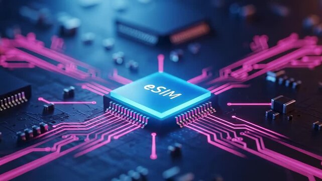 eSIM technology chip on a circuit board, digital communication concept.